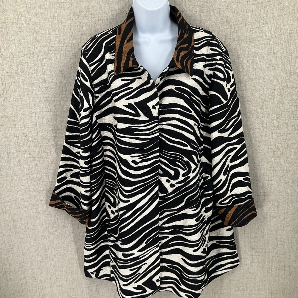 Chico's Topper Jacket Womens XL Black White Zebra‎ Animal Print Art to Wear NEW